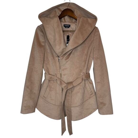 bebe Wool Blend Hooded Shawl Jacket Beige Coat Asymmetrical size Medium - Picture 1 of 6